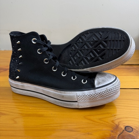 Converse Black High-Tops CTAS with Silver Spikes Distressed Style Lifted No Wear - Picture 6 of 13